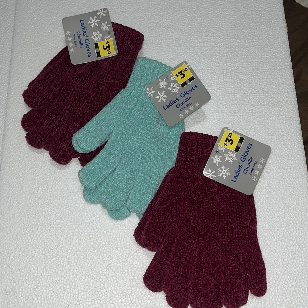 3 Pair Ladies Chenille Stretch Gloves - 2 Colors - One Size Maroon & Mint Green - Picture 1 of 1